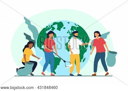 Male And Female Characters Are Taking Care Of The Planet Ecology Together On White Bckground. Protec