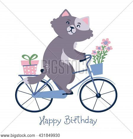 Happy Birthay Card With A Cat On A Bike Carrying A Present And Flowers.