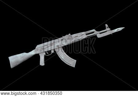 Ak 47. Kalashnikov Assault Rifle. Barillef Isolated On Black Background.