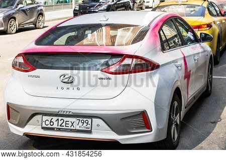 White Hyundai Ioniq Hybrid At Moscow Street. Hyundai Brand New Compact Class Electric Eco Friendly C
