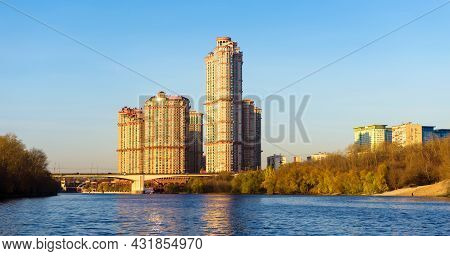 Moscow Buildings In Sunset Lights, Russia. Residential Complex At Moskva River In Autumn. Panorama O
