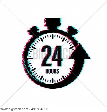 24 Hours Clock Arrow. Glitch Icon. Work Time Effect Or Delivery Service Time. Vector Stock Illustrat
