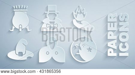Set Mantle, Cloak, Cape, Hand Holding Fire, Witch Hat, Moon Stars, Magician And Cauldron Icon. Vecto