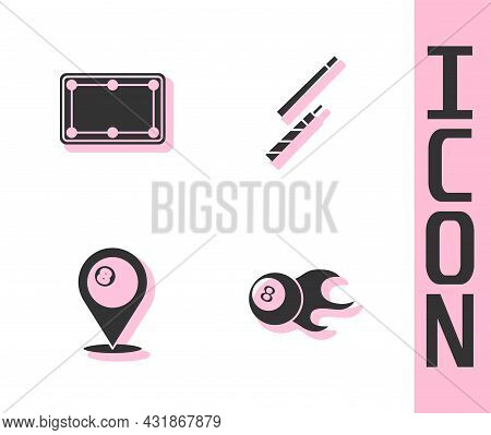 Set Billiard Ball, Table, Location With Billiard And Cue Icon. Vector