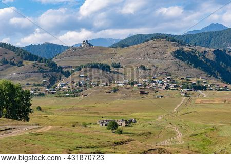 Panoramic View To Omalo Mountain Village In Tusheti Nature Reserve. Georgia