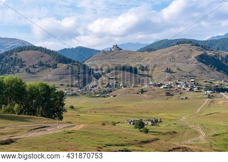 Panoramic View To Omalo Mountain Village In Tusheti Nature Reserve. Georgia