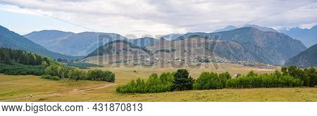 Panoramic View To Omalo Mountain Village In Tusheti Nature Reserve. Georgia
