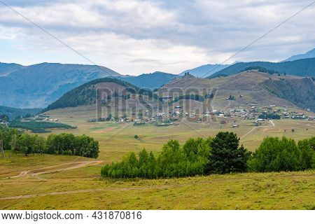 Panoramic View To Omalo Mountain Village In Tusheti Nature Reserve. Georgia