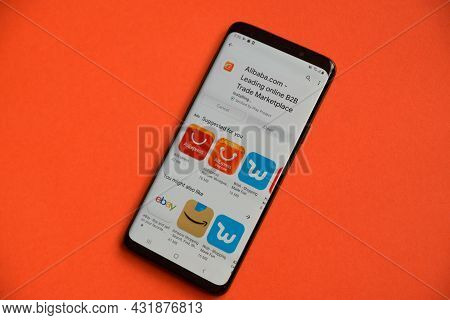 Alibaba Mobile Application Is Installed On A Smartphone. Alibaba Online Shopping Application. The Ap