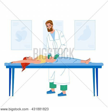 Gastroenterologist Examining Woman Patient Vector. Gastroenterologist Doctor Checking Girl Stomach O