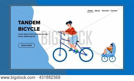 Tandem Bicycle Riding Mother And Son Family Vector. Woman And Small Boy Kid Ride Tandem Bicycle Toge