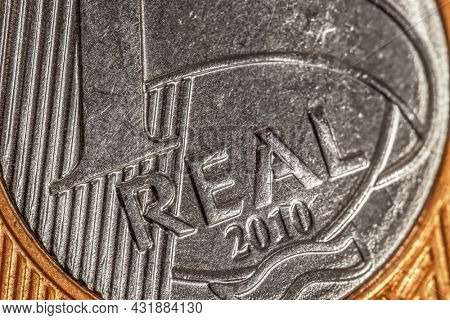 Extreme close up shot of One Real Brazilian coin
