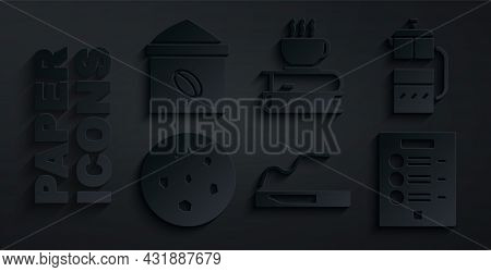 Set Cigarette, French Press, Cookie Or Biscuit, Coffee Menu, Cup And Book And Bag Coffee Beans Icon.