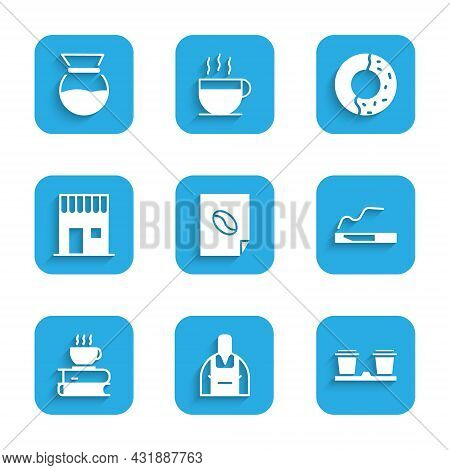 Set Coffee Poster, Barista, Cup To Go, Cigarette, And Book, Shop, Donut With Sweet Glaze And Pour Ov