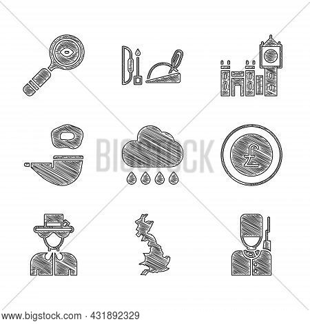 Set Cloud With Rain, England Map, British Soldier, Coin Money Pound, Queen Elizabeth, Smoking Pipe, 