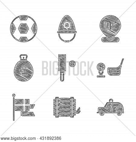 Set Wood Cricket Bat And Ball, Wooden Barrel, Taxi Car, Golf Club With On Tee, England Flag Flagpole