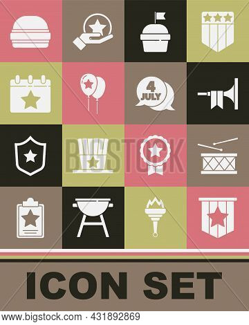 Set American Flag, Drum And Drum Sticks, Trumpet, Cake, Balloons, Calendar With Date July 4, Burger 