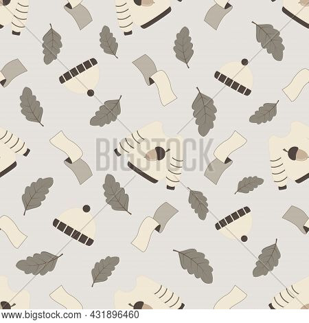 Seamless Pattern. Autumn Outerwear: Sweater, Scarf, Hat. Vector Background In Pastel Colors. Autumn 