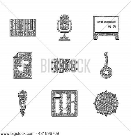 Set Xylophone, Sound Mixer Controller, Dial Knob Level, Banjo, Microphone, Music Book With Note, Gui