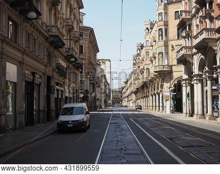 Turin, Italy - Circa August 2021: Via Pietro Micca Street In The Old City Centre
