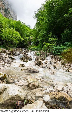 Waterfall In Cherek Gorge In The Caucasus Mountains In Kabardino-balkaria, Russia