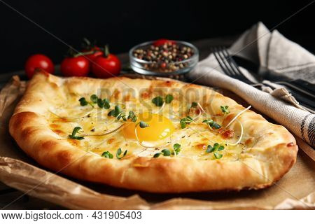 Fresh Delicious Adjarian Khachapuri With Microgreens, Closeup