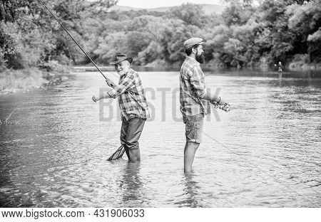 Good Things For Good Days. Summer Weekend. Mature Men Fisher. Two Happy Fisherman With Fishing Rod A