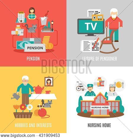 Pension Hobbies And Interests Leisure Of Pensioner And Nursing Home 2x2 Images Set Flat Vector Illus