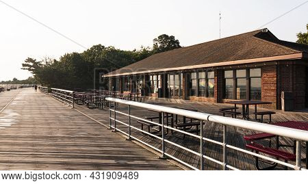 Concession Stand Building On The Boardwalk Of Sunken Meadow State Park Looking East On A Rainy Summe
