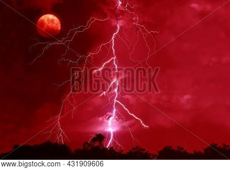Surreal Pop Art Style Powerful Lightning Strikes In The Bloody Red Night Sky With A Spooky Full Moon