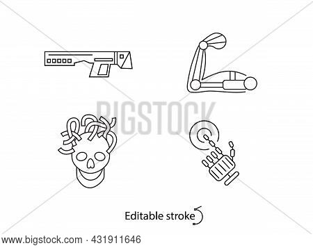 Cyberpunk Outline Icons Set. Futuristic Gun. Exoskeleton And Bio Mechanical Arm. Customizable Linear