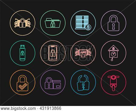 Set Line Scooter, Retro Wall Watch, Server Security With Lock, Smartphone, Usb Flash Drive, Cyber, C