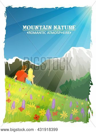 Mountain Landscape Nature Background Poster With Tourists Sitting Among Alpine Spring Flowers Abstra