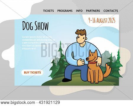 Dog Show, Exhibition Or Dog Training Courses. A Young Man With His Dog On The Background Of A Mounta