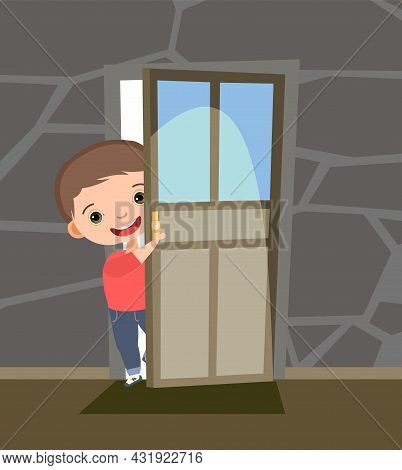 Child Peek In The Door. Opened The Entrance. Funny Boy Kid. View From Inside The Room. Cartoon Style