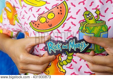 Tyumen, Russia-august 27, 2021: Rick And Morty T-shirts With The Image. American Comedy Animated Ser