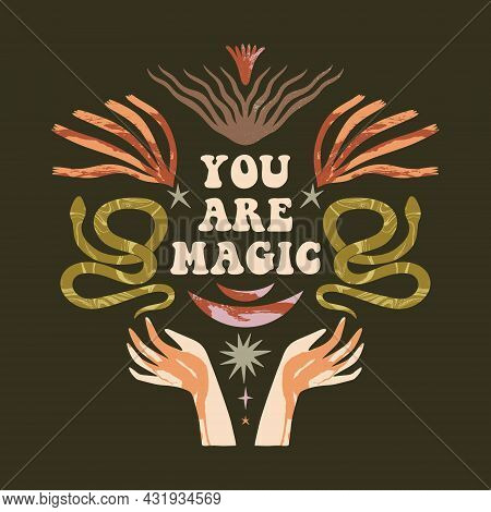 Bohemian Magic Quote, Celestial Inspirational Card. Boho Witchy Fairytale Text.