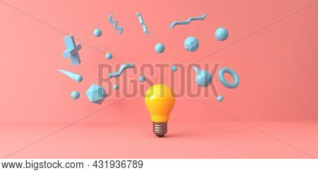 Light Bulb With Flying Geometric Shapes - 3d Render