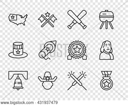 Set Line Liberty Bell In Philadelphia, Medal With Star, Crossed Baseball Bat, Sheriff Cowboy, Usa Ma