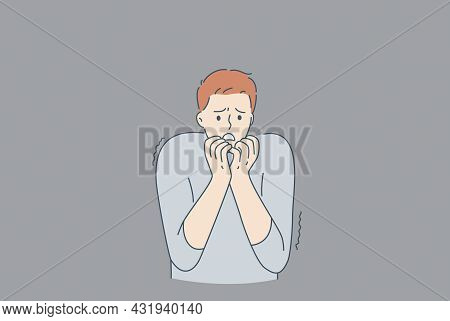 Mental Health And Inner Fears Concept. Young Stressed Man Cartoon Character Standing Biting Nails Fe