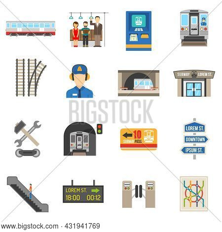 Underground Icons Set Of Different City Subway Elements Like Ticket Train Or Escalator Flat Isolated