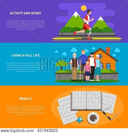 Disabled People Active Live Information 3 Flat Horizontal Banners Set With Sport And Braille Abstrac