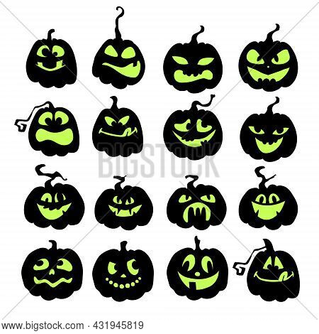 Scary And Funny Halloween Pumpkins. Black Silhouettes Of Pumpkins With Green Faces. Vector Stock Ill