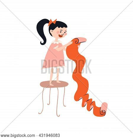 Cartoon Girl With A Red Bow Reads A Long Wish List While Standing On A Chair. A Brunette In A Pink D