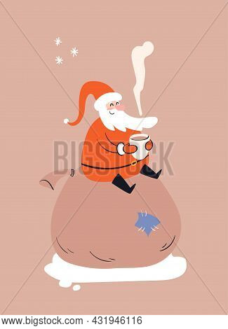 Resting Cartoon Santa Sits On A Bag With Gifts. Greeting Card With Santa. Vector Stock Illustration 