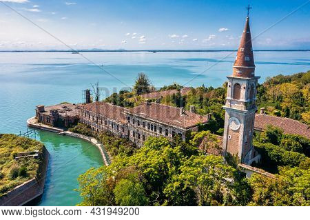 Aerial View Of The Plagued Ghost Island Of Poveglia In Venice