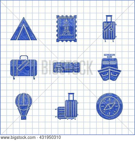 Set Cruise Ticket For Traveling By Ship, Suitcase, Compass, Ship, Hot Air Balloon, And Stickers, And