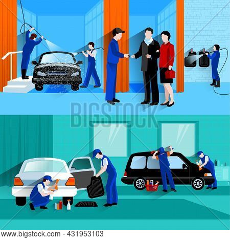 Car Wash Full Service Center 2 Flat Banners With Customers And Waterless Detailers Spray Abstract Ve