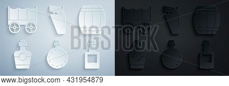 Set Canteen Water Bottle, Gun Powder Barrel, Tequila, Revolver Gun In Holster And Wild West Covered 