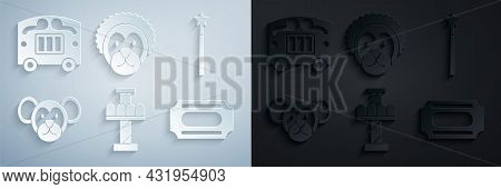 Set Attraction Carousel, Magic Wand, Monkey, Circus Ticket, Wild Lion And Wagon Icon. Vector